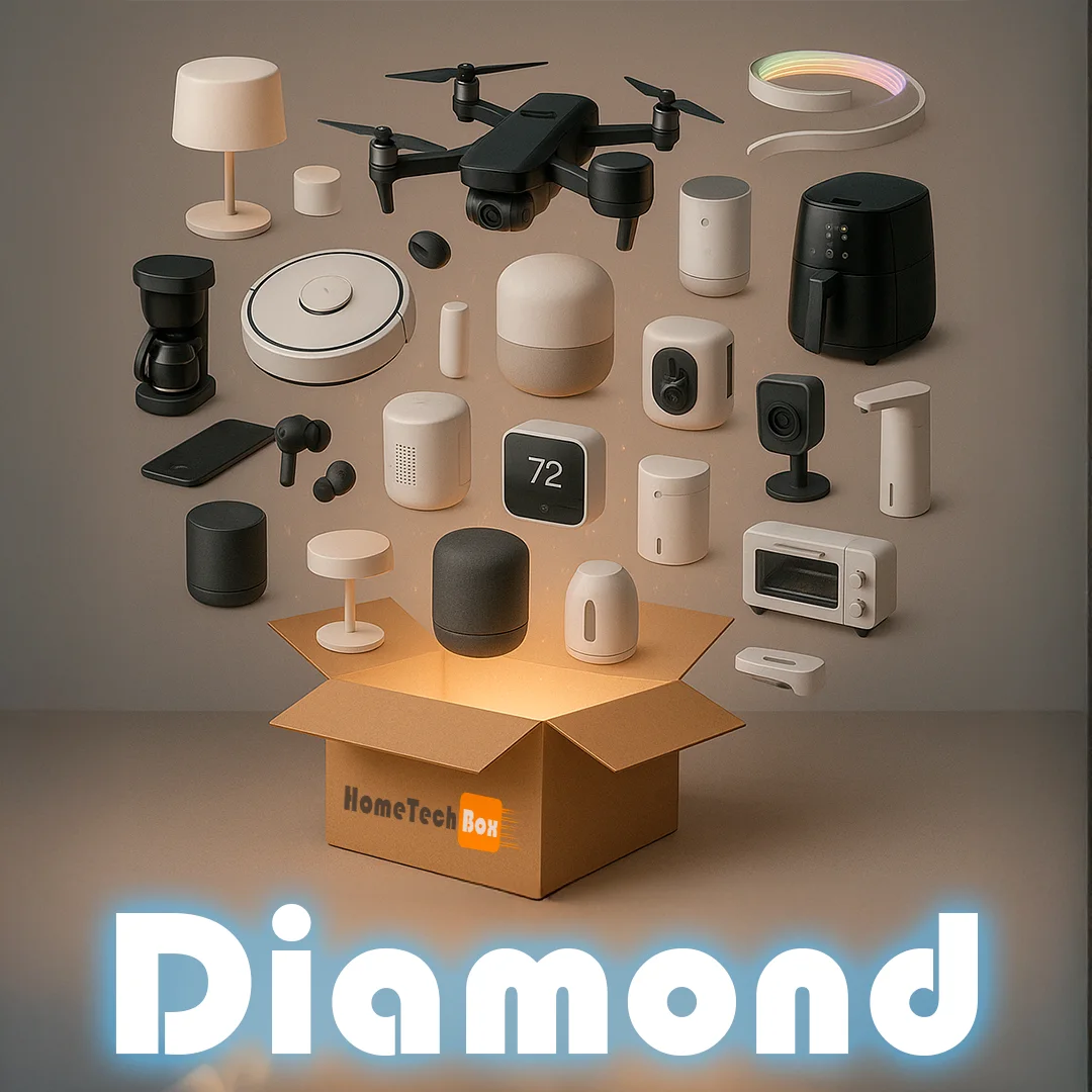 HomeTech Box – Caja Sorpresa con Gadgets Útiles para el Hogar: Robot Aspirador, Proyector, Lámparas Inteligentes