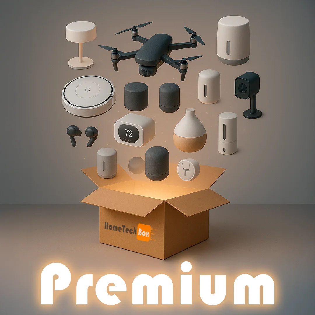 HomeTech Box – Caja Sorpresa con Gadgets Útiles para el Hogar: Robot Aspirador, Proyector, Lámparas Inteligentes
